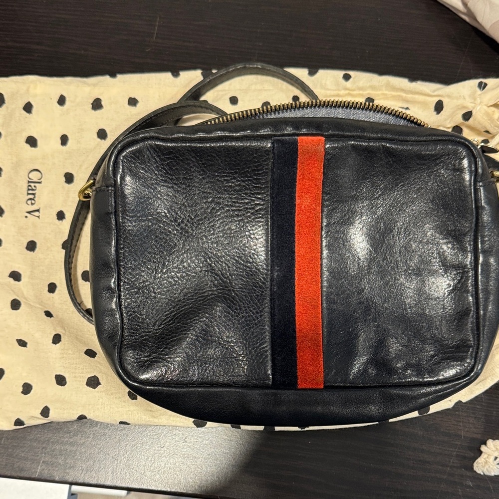 Clare V Black Crossbody Bag with Red Stripe